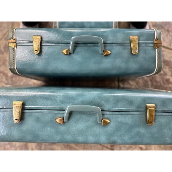 1950s hard shell suitcases in blue marble color three pieces - Picture 3 of 10